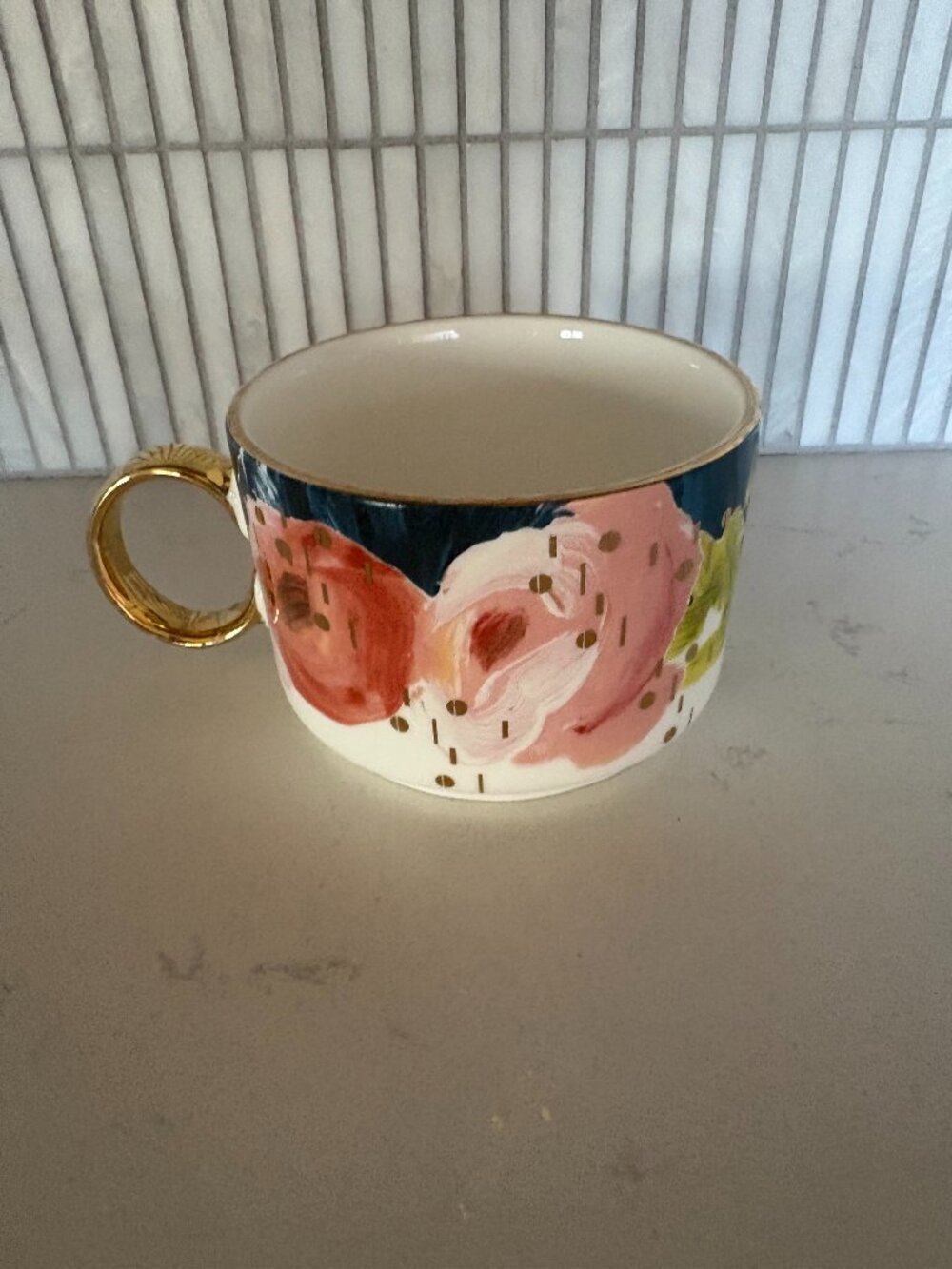 Anthropologie Floral Painterly Ceramic Coffee Mug with Gold Handle